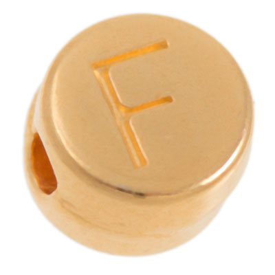 Metal bead, F letter, round, diameter 7 mm, gold plated 