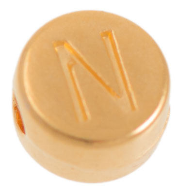 Metal bead, N letter, round, diameter 7 mm, gold plated 