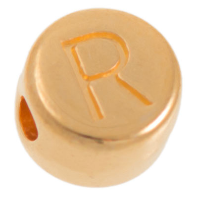 Metal bead, R letter, round, diameter 7 mm, gold plated 