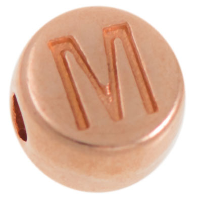 Metal bead, M letter, round, diameter 7 mm, rose gold plated 