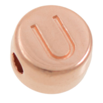 Metal bead, U letter, round, diameter 7 mm, rose gold plated 