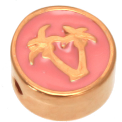 Perle métallique ronde avec motif de palmier, diamètre 9,0 mm, dorée et émaillée rose 