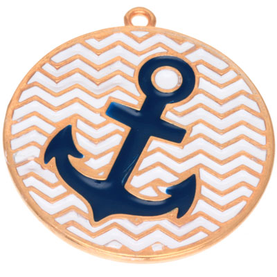 Metal pendant round with anchor motif, diameter 30 mm, gold-plated and blue enamelled 