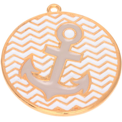 Metal pendant round with anchor motif, diameter 30 mm, gold-plated and enamelled grey 