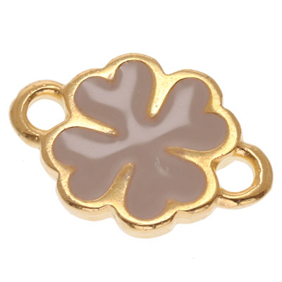 Bracelet connector cloverleaf, 12.5 x 8 mm, gold-plated and enamelled dusty pink 