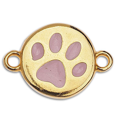 Bracelet connector paw, 16.5 x 11.5 mm, gold-plated, pink enamelled 