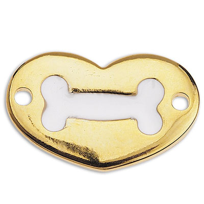 Bracelet connector heart, with bone, 20.5 x 13 mm, gold-plated, white enamelled 