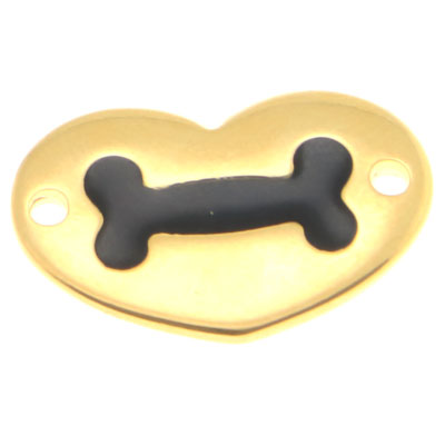 Bracelet connector heart, with bone, 20.5 x 13 mm, gold-plated, black enamelled 