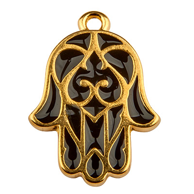 Hamsa pendant, 19 x 14 mm, gold-plated, black enamelled 
