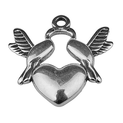 Metal pendant birds and heart, 21 x 18 mm, silver plated 