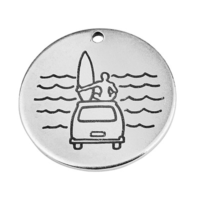 Pendentif métal rond avec gravure "Surfer avec van", 20 mm, argenté 