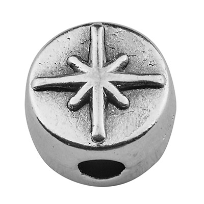 Perle métallique ronde, motif étoile nautique, diamètre 7 mm, argentée 