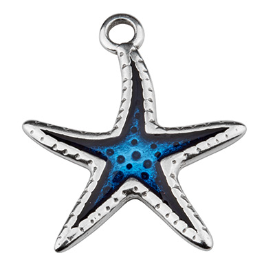 Pendentif métal étoile de mer avec émail, 25 x 31 mm, argenté/bleu 