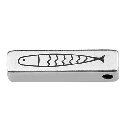 Metal pendant rectangle with fish engraving, 30 x 7mm, silver plated 