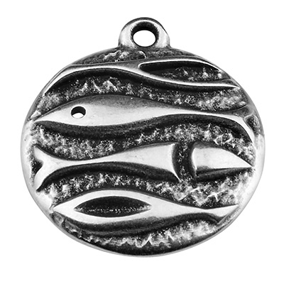 Metal pendant round with fish, 18.5 x 16.5 mm, silver-plated 