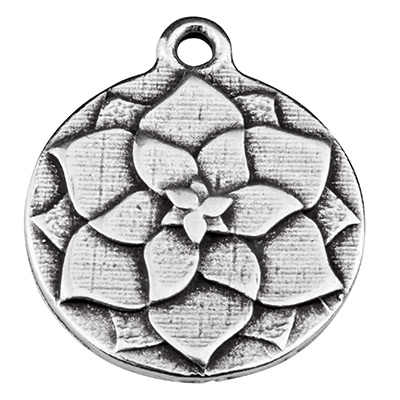 Metal pendant disc with flower 20.5 x 17.5 mm silver plated 