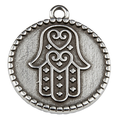Pendentif métal rond Hamsa main 23 x 20 mm argenté 