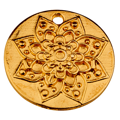 Pendentif métal rond avec fleur 22 mm doré 