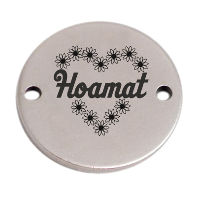 Munt armband connector "Hoamat", 15 mm, verzilverd, motief laser-gegraveerd 