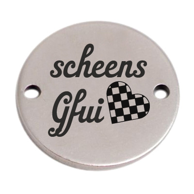 Munt armband connector "Scheens Gfui", 15 mm, verzilverd, motief laser-gegraveerd 