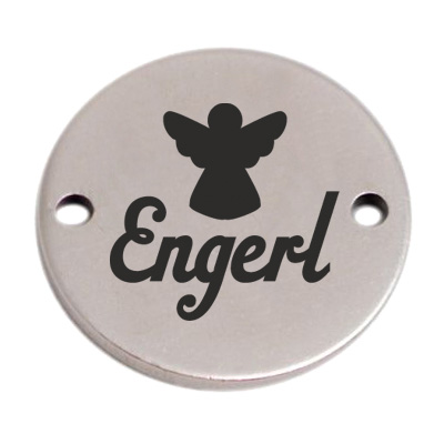 Munt armband connector "Engerl", 15 mm, verzilverd, motief lasergegraveerd 