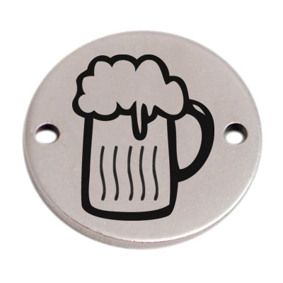 Coin Bracelet Connector Beer Mug, 15 mm, silver-plated, motif laser-engraved 