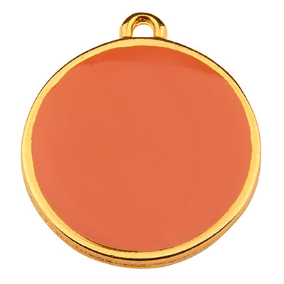 Metal pendant round, diameter 19 mm, orange-pink enamelled, gold-plated 