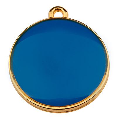 Metal pendant round, diameter 19 mm, blue enamel, gold plated 