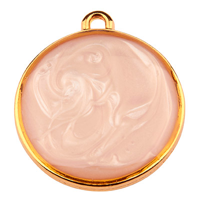 Metal pendant round, diameter 19 mm, pink mother-of-pearl enamel, gold-plated 