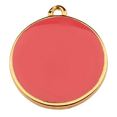 Metal pendant round, diameter 19 mm, dark pink enamel, gold plated 