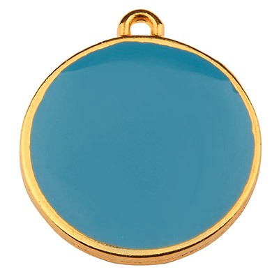 Metal pendant round, diameter 19 mm, sky blue enamel, gold plated 