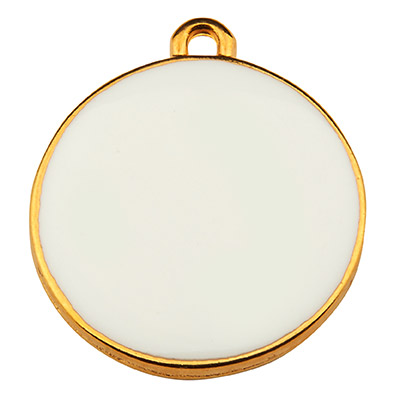 Metal pendant round, diameter 19 mm, white enamel, gold plated 