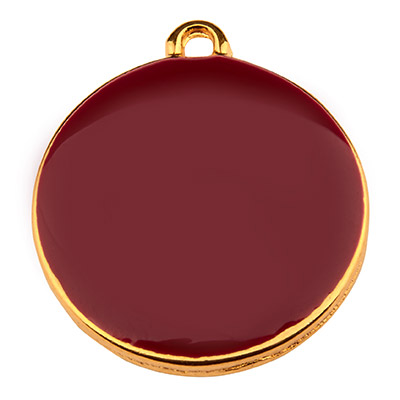Metal pendant round, diameter 19 mm, bordeaux enamelled, gold-plated 