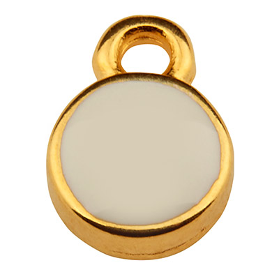 Metal pendant round, 9 x 6.5 mm, white enamel, gold-plated 
