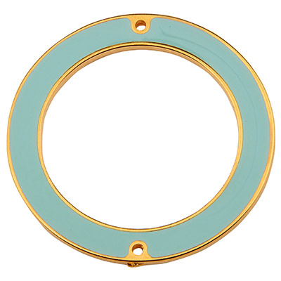 Metal pendant ring, diameter 39 mm, with 2 holes, aqua enamelled, gold-plated 