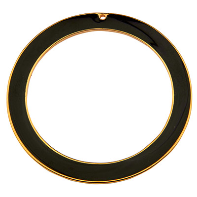 Metal pendant ring, diameter 55 mm, with 2 holes, black enamel, gold-plated 