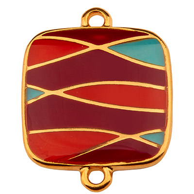 Bracelet connector square with pattern, 18 mm, red tones enamelled, gold-plated 