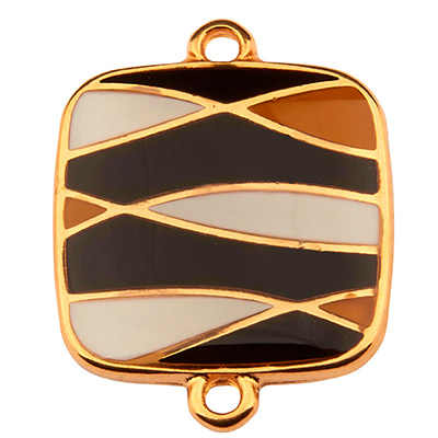 Armbandverbinder Viereck mit Muster, 18 mm, Schwarz-Weiß emailliert, vergoldet 