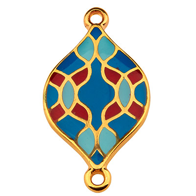 Bracelet connector olive with pattern, 22 mm, blue tones enamelled, gold-plated 