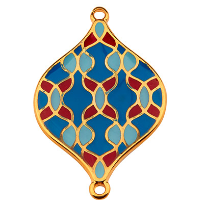 Bracelet connector olive with pattern, 30 mm, blue tones enamelled, gold-plated 