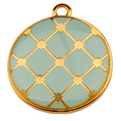 Metal pendant round, diameter22 mm, aqua enamelled, gold-plated 