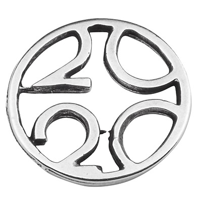 Bracelet connector round with year "2020", 16.5 x 16 mm diameter, silver-plated 