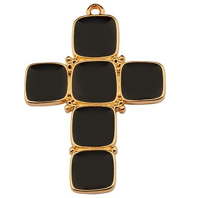Pendentif métal croix, 40 x 28 mm, émaillé noir, doré 