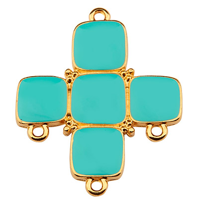 Metal pendant cross with three eyelets, 34 x 28 mm, turquoise enamel, gold-plated 