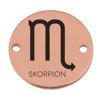 Coin bracelet connector star sign "Scorpio", 15 mm, rose gold-plated, motif laser engraved 