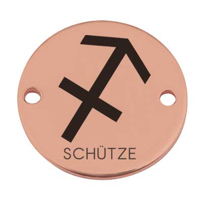 Munt armband connector ster teken "Boogschutter", 15 mm, rose goud verguld, motief laser gegraveerd 