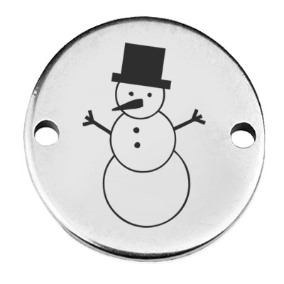 Coin bracelet connector Christmas "Snowman", 15 mm, silver-plated, motif laser engraved 