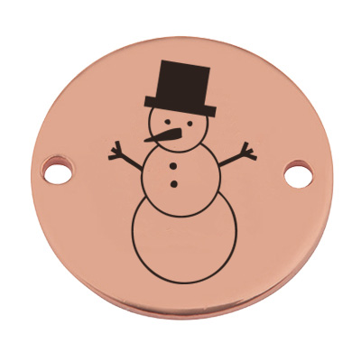 Coin bracelet connector Christmas "Snowman", 15 mm, rose gold-plated, motif laser engraved 