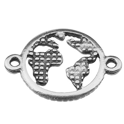 Bracelet connector round, motif world map, 20 mm, silver-plated 