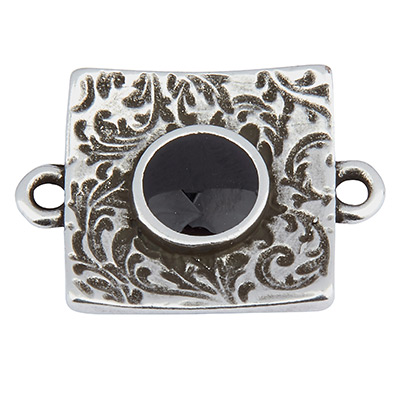 Bracelet connector square, 19.5 x 14 mm, silver-plated, dark green enamelled 